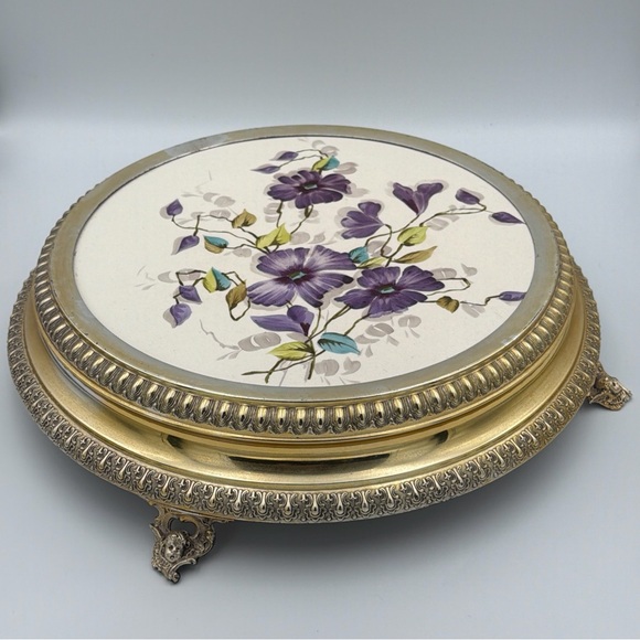 Other - Vintage Brass Plated Footed Trivet Cherub Angel Feet Floral Tile Hot Plate